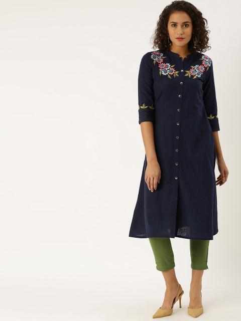 

Jaipur Kurti Women Navy Blue Solid A-Line Kurta with Thread Work