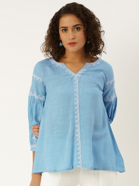 

Jaipur Kurti Women Blue Solid Boxy Top With Embroidery