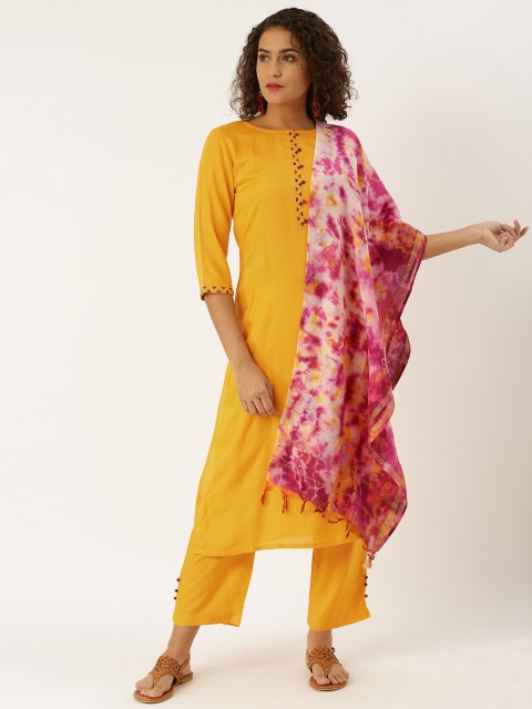 

Jaipur Kurti Women Mustard Yellow Solid Kurta with Palazzos & Dupatta