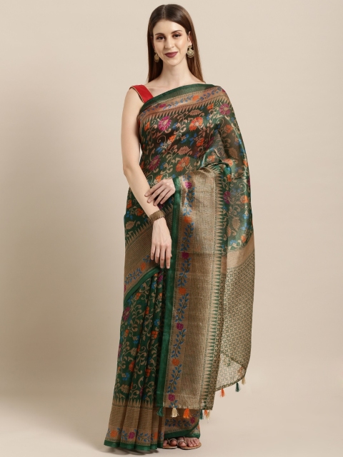

Rajnandini Green & Gold-Toned Silk Blend Printed Tussar Saree