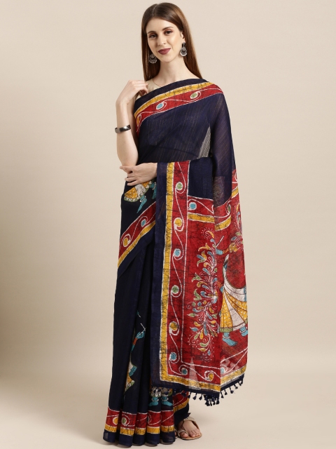 

Rajnandini Navy Blue & Red Linen Blend Printed Saree