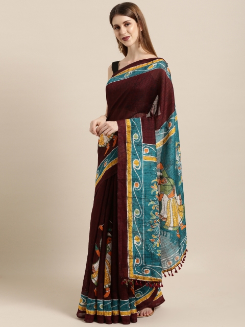 

Rajnandini Maroon & Green Linen Blend Printed Saree