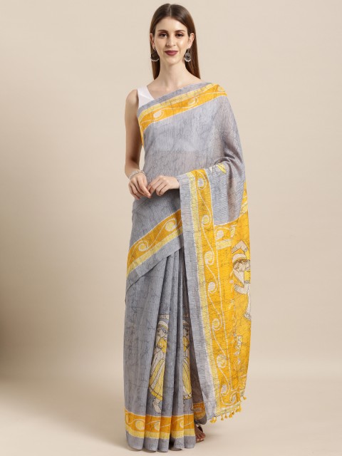 

Rajnandini Grey & Yellow Linen Blend Printed Saree
