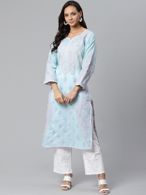 

ADA Women Blue & White Chikankari Embroidered Sustainable Kurta with Palazzos