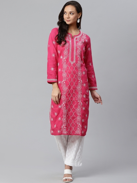 

ADA Women Pink & White Chikankari Embroidered Kurta with Palazzos