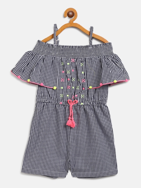 

Nauti Nati Girls Navy Blue & White Checked Off-Shoulder Playsuit
