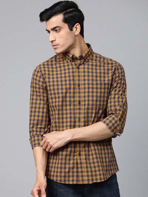 

Marks & Spencer Men Mustard Yellow & Navy Blue Regular Fit Checked Casual Shirt
