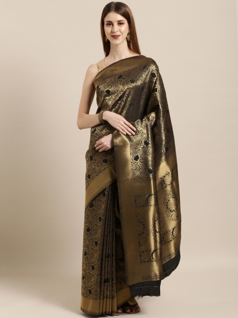 

Mitera Black & Gold-Toned Silk Blend Woven Design Kanjeevaram Saree