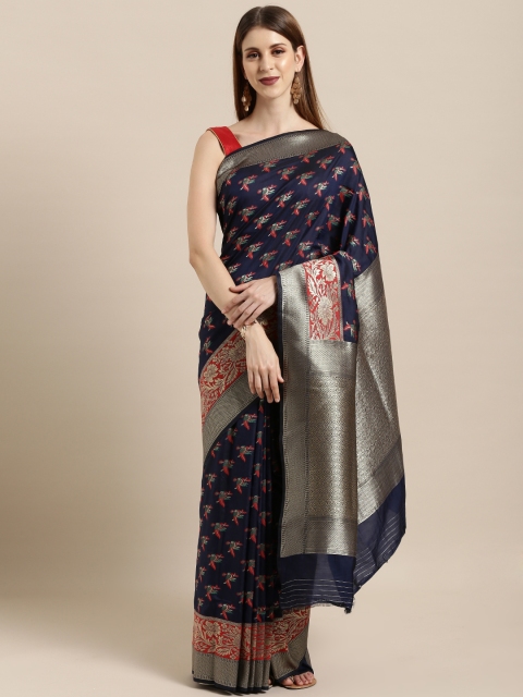 

Mitera Navy Blue & Red Silk Blend Woven Design Kanjeevaram Saree
