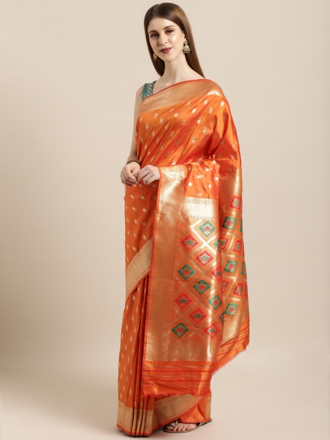 

Mitera Orange & Gold-Coloured Silk Blend Woven Design Kanjeevaram Saree