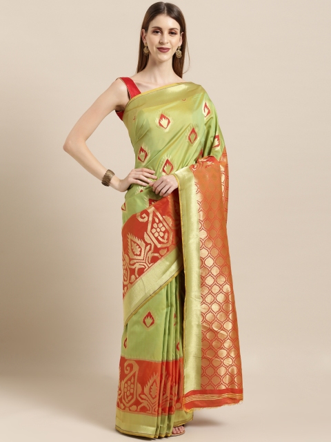 

Mitera Olive Green & Orange Silk Blend Woven Design Kanjeevaram Saree