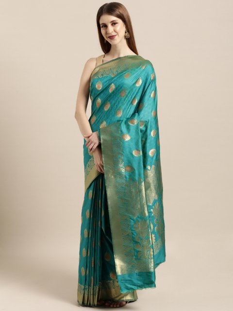 

Mitera Turquoise Blue & Golden Silk Blend Woven Design Kanjeevaram Saree