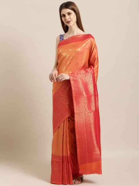 

Mitera Orange & Gold-Toned Silk Blend Woven Design Kanjeevaram Saree