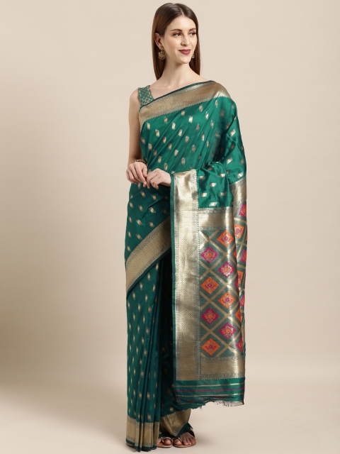 

Mitera Turquoise Green & Gold-Toned Silk Blend Woven Design Kanjeevaram Saree
