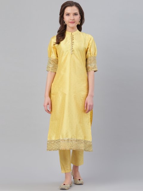 

Ives Women Golden Self Design Kurta with Trousers, Gold