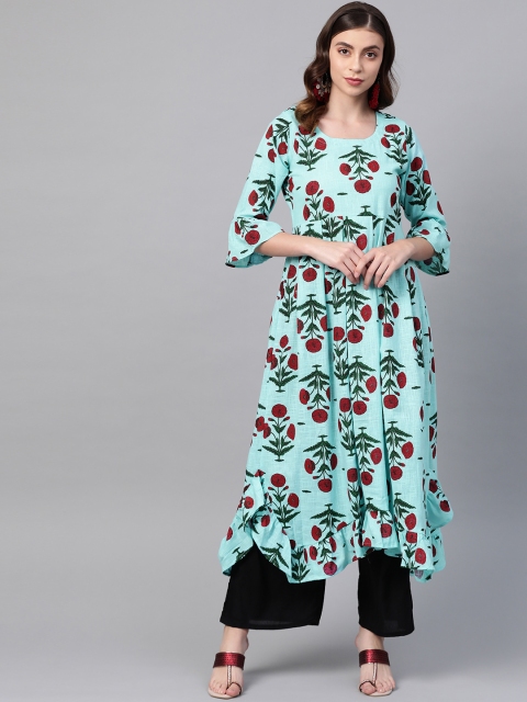 

Ives Women Sea Green & Maroon Printed A-Line Kurta