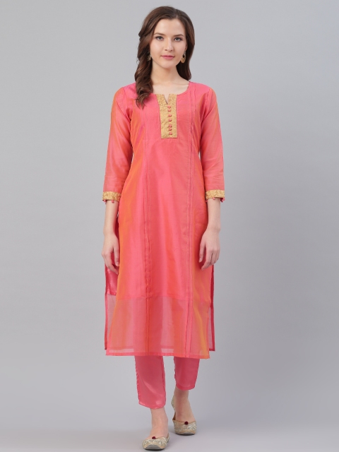 

Ives Women Pink & Orange Dual-Tone Solid Kurta with Trousers