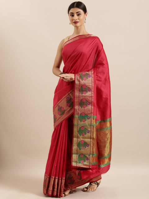 

Kvsfab Red Solid Silk Blend Saree