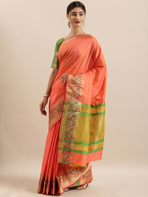 

Kvsfab Peach-Coloured Solid Silk Blend Saree