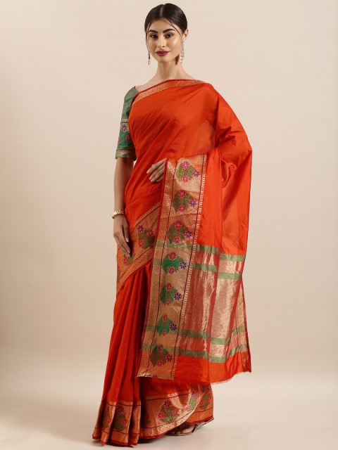 

Kvsfab Orange Solid Silk Blend Saree