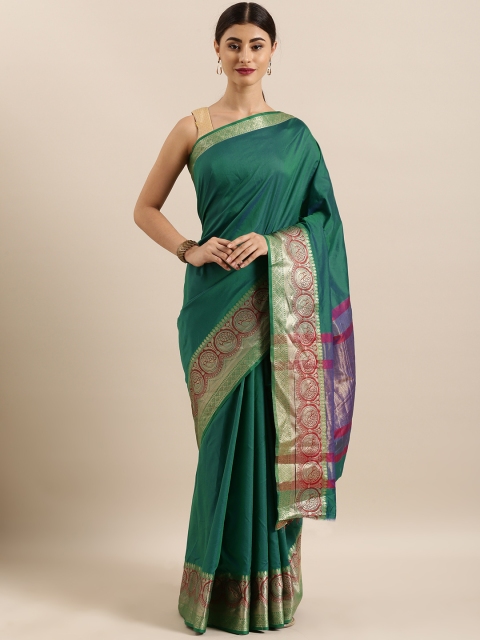 

Kvsfab Green & Pink Silk Blend Woven Design Saree