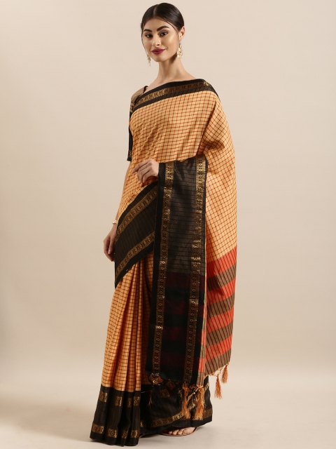 

Kvsfab Beige & Red Silk Cotton Checked Saree