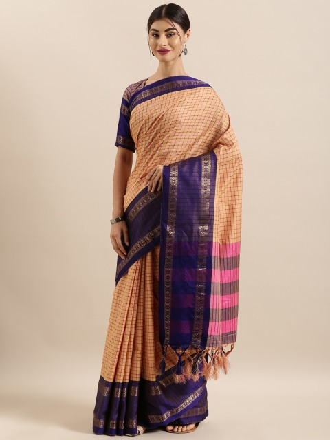 

Kvsfab Beige & Pink Silk Cotton Checked Saree