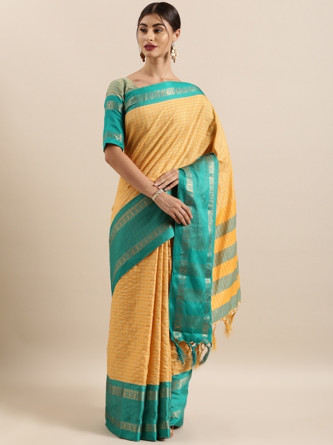 

Kvsfab Peach-Coloured & Mustard Yellow Checked Silk Cotton Saree