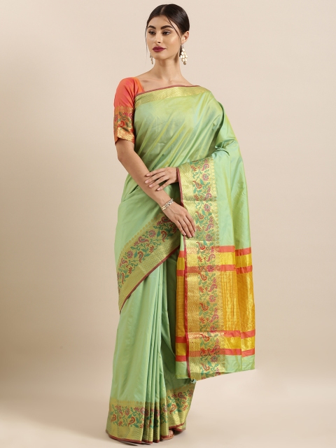 

Kvsfab Green Solid Silk Blend Saree