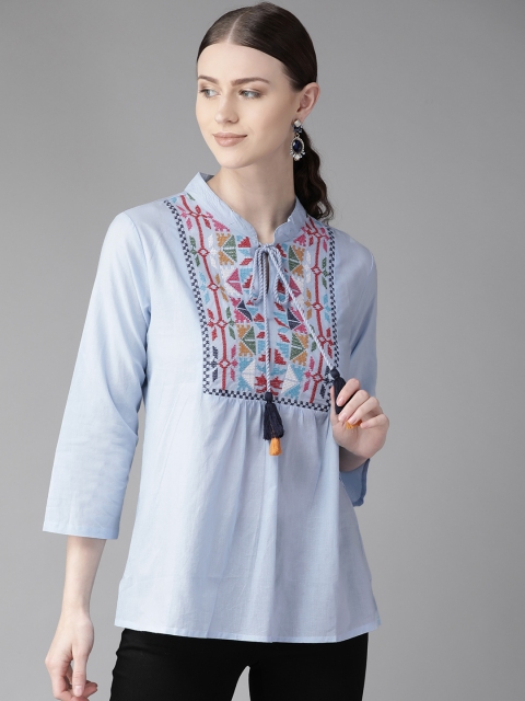 

Bhama Couture Women Blue Embroidered Pure Cotton Top