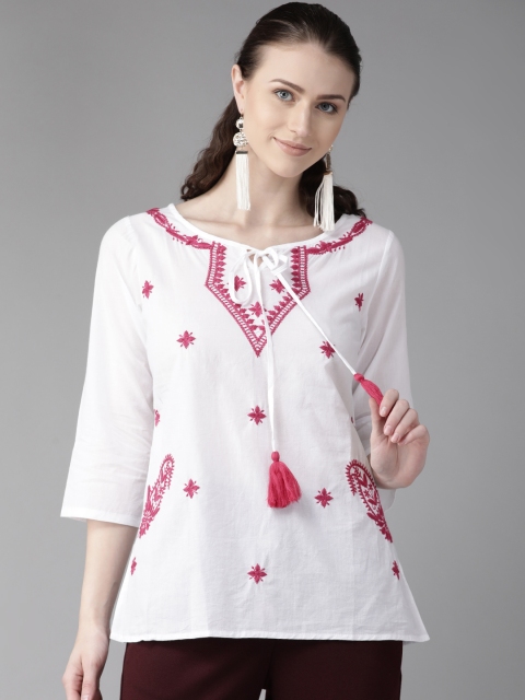 

Bhama Couture Women White & Pink Embroidered Pure Cotton Top