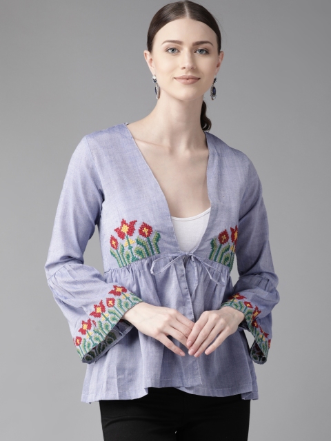 

Bhama Couture Women Blue & White Embroidered Detail Tie-Up Shrug