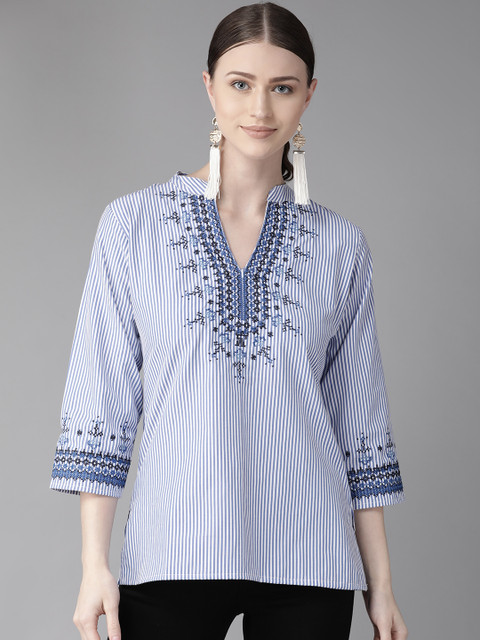 

Bhama Couture Women Blue & White Striped Top