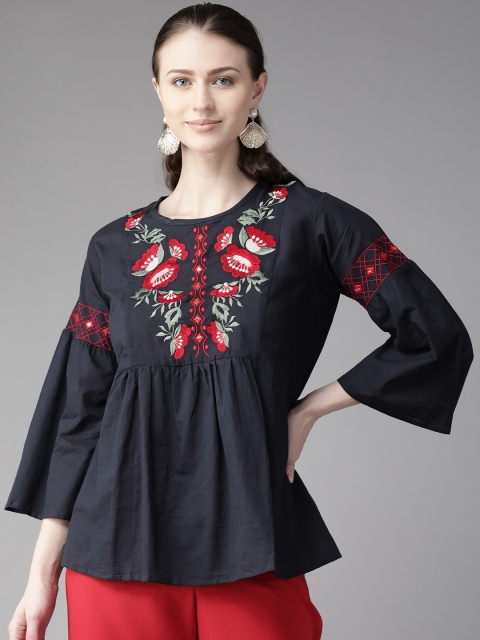 

Bhama Couture Women Navy Blue & Red Embroidered A-Line Pure Cotton Top