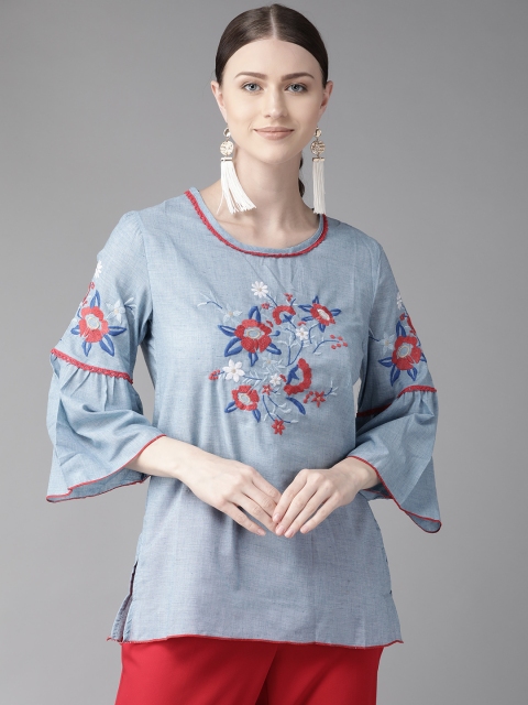 

Bhama Couture Women Blue & Red Embroidered A-Line Top
