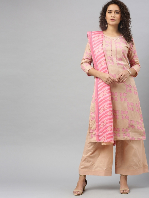 

DIVASTRI Peach-Coloured & Pink Cotton Blend Unstitched Dress Material