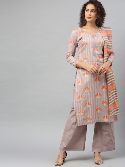 

DIVASTRI Grey & Orange Cotton Blend Unstitched Dress Material
