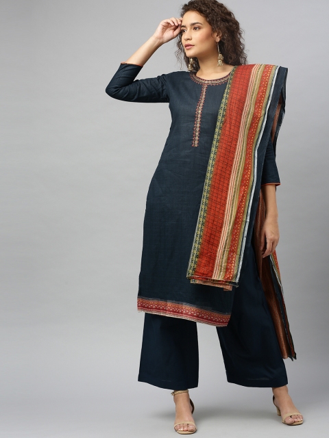 

DIVASTRI Navy Blue & Red Cotton Blend Unstitched Dress Material