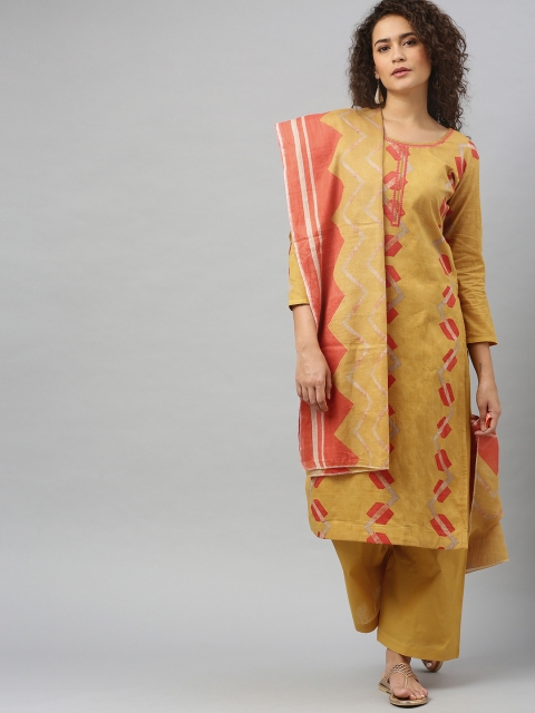 

DIVASTRI Mustard Yellow & Rust Red Cotton Blend Unstitched Dress Material