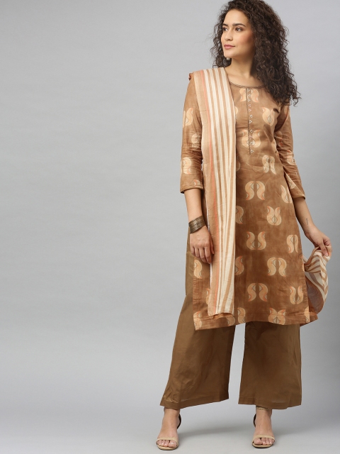 

DIVASTRI Brown & Beige Cotton Blend Unstitched Dress Material