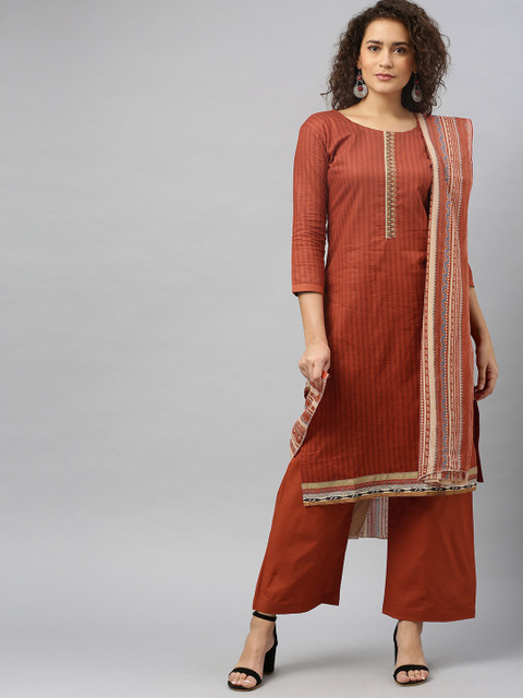 

DIVASTRI Rust Red Cotton Blend Unstitched Dress Material