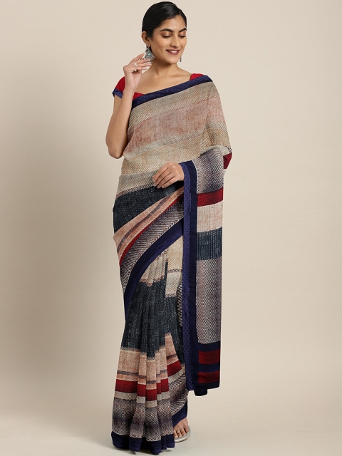 

Triveni Beige & Navy Blue Poly Georgette Striped Saree