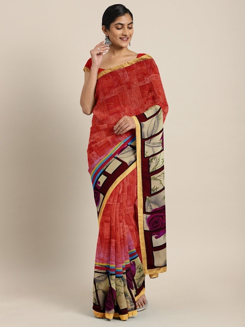 

Triveni Coral Pink & Beige Poly Georgette Printed Saree