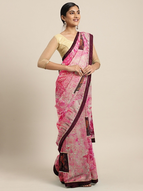 

Triveni Coral Pink & Beige Poly Chiffon Printed Saree
