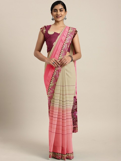 

Triveni Pink & Beige Poly Chiffon Striped Saree