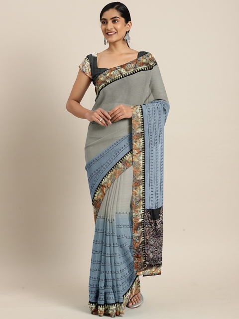 

Triveni Grey & Blue Poly Chiffon Striped Saree