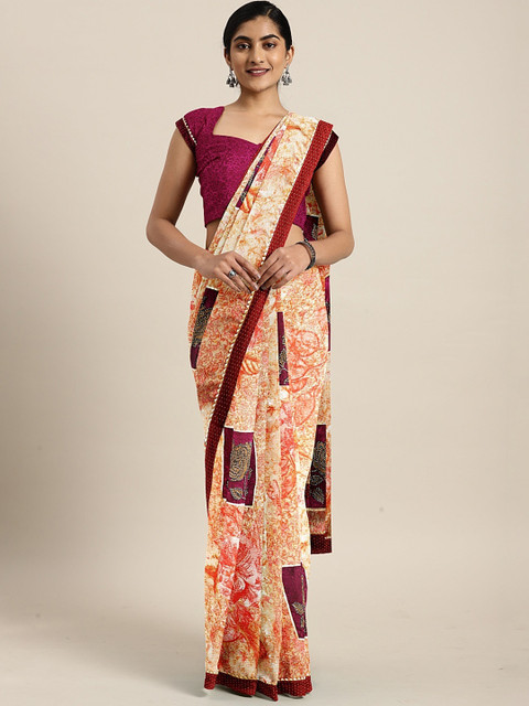 

Triveni Coral Orange & Pink Poly Chiffon Printed Saree
