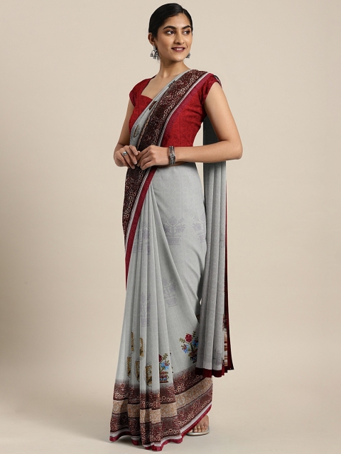 

Triveni Grey & Maroon Poly Georgette Printed Saree