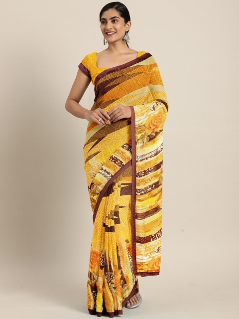 

Triveni Mustard Yellow & Brown Poly Georgette Printed Saree