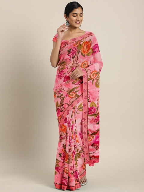 

Triveni Pink & Green Printed Poly Chiffon Saree